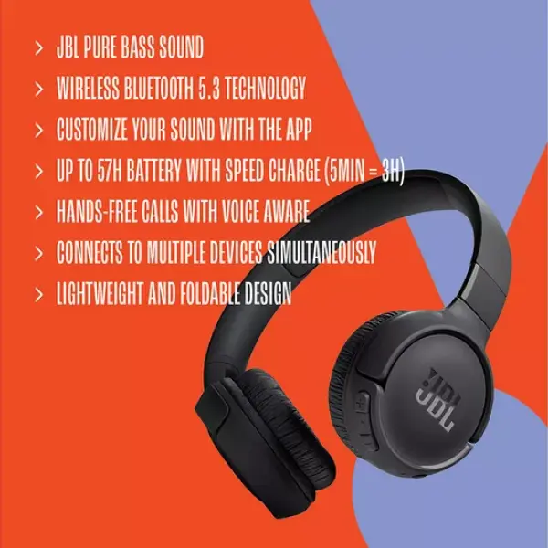 JBL Tune 520BT Wireless Bluetooth On-Ear Headphones – Black