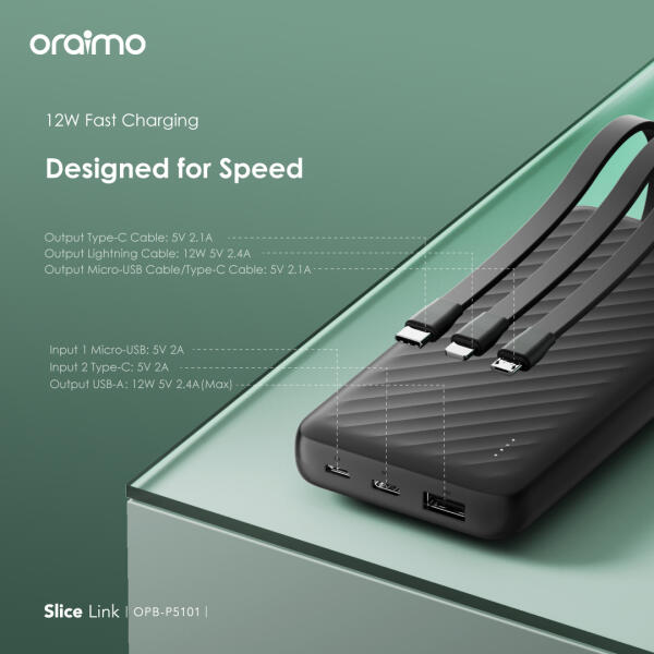 Oraimo Slice Link 10000mAh 12W Power Bank with Built-in Cables (OPB-P5101)